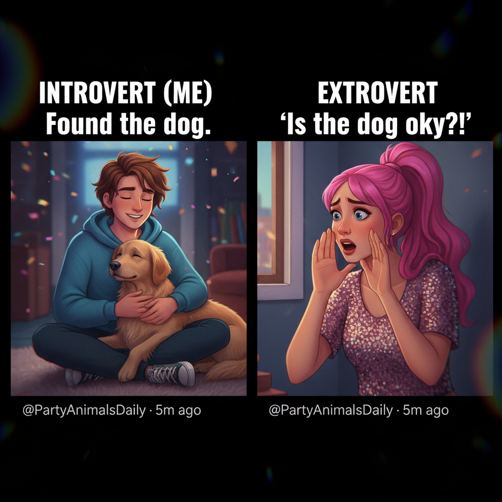 Introvert at a party: Hiding in the kitchen with the dog. Extrovert: Is the dog okay?!