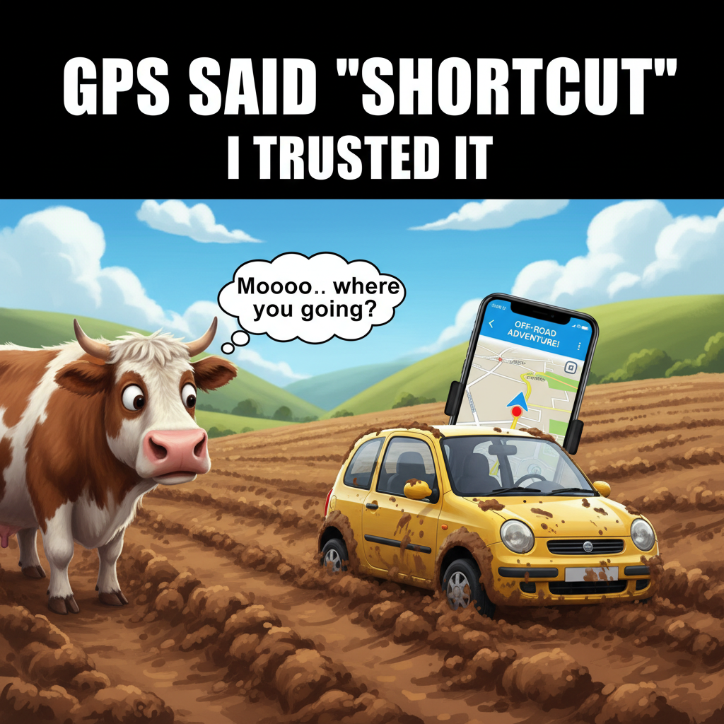 GPS said 'turn left.' I turned left. Now I'm in a field with a cow. Send snacks. #RoadTrip