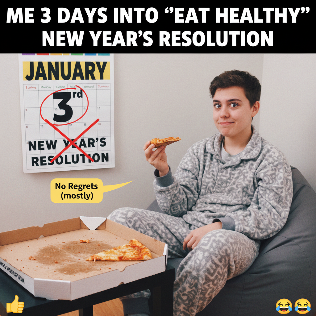 My New Year's resolution was to be healthier. I just ate a whole pizza. It's Jan 3rd. #NYRFail