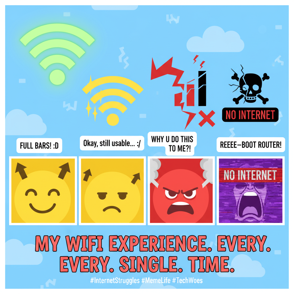 The 5 stages of grief when the WiFi goes down. Mostly panic and yelling.