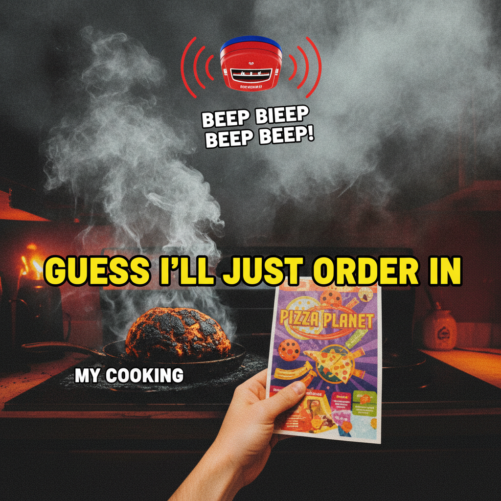 Attempted gourmet meal. Ended up with a smoke alarm concert and takeout menu.