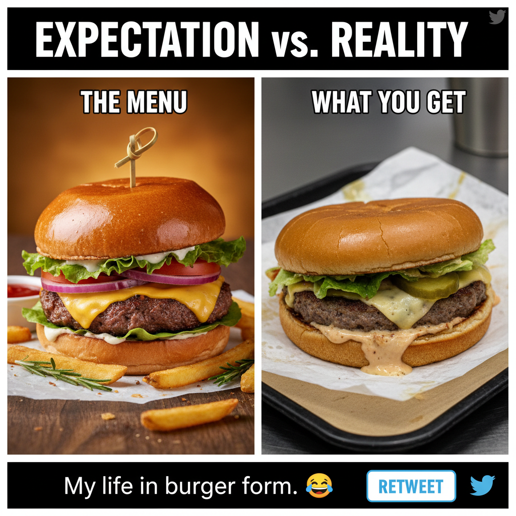 Ordered a gourmet burger, got a sad patty on a bun. My expectations are in shambles.