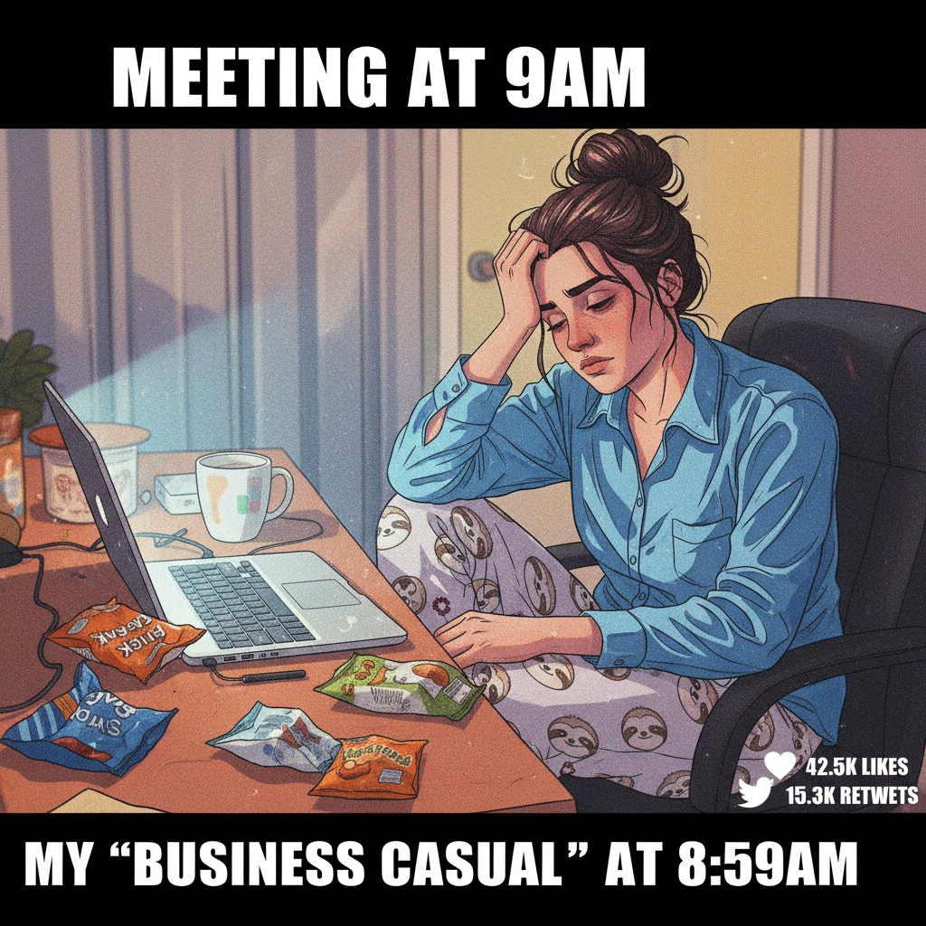 My WFH uniform is 50% pajamas, 50% existential dread. Productivity 0%.