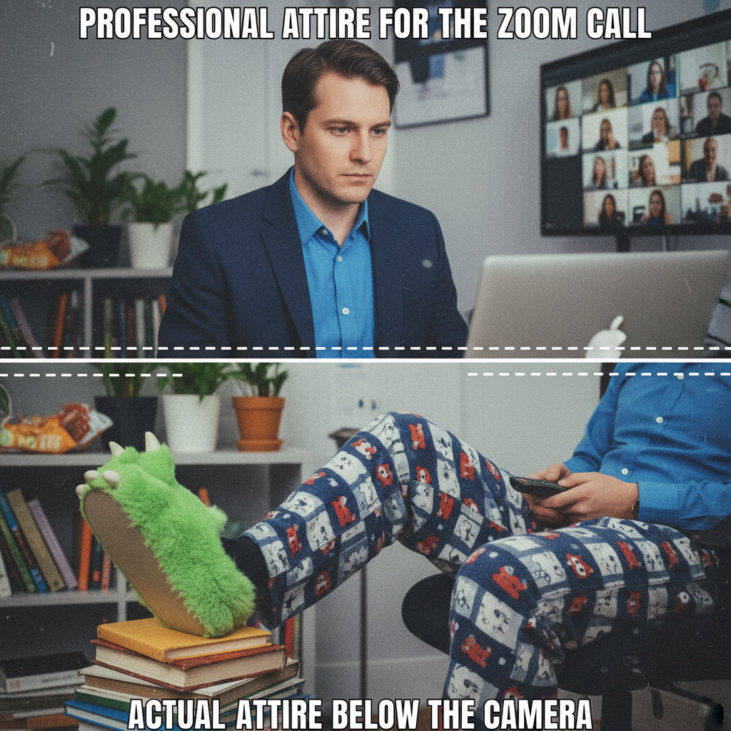 My WFH uniform is 50% professional top, 50% pajama bottoms. The duality of man.