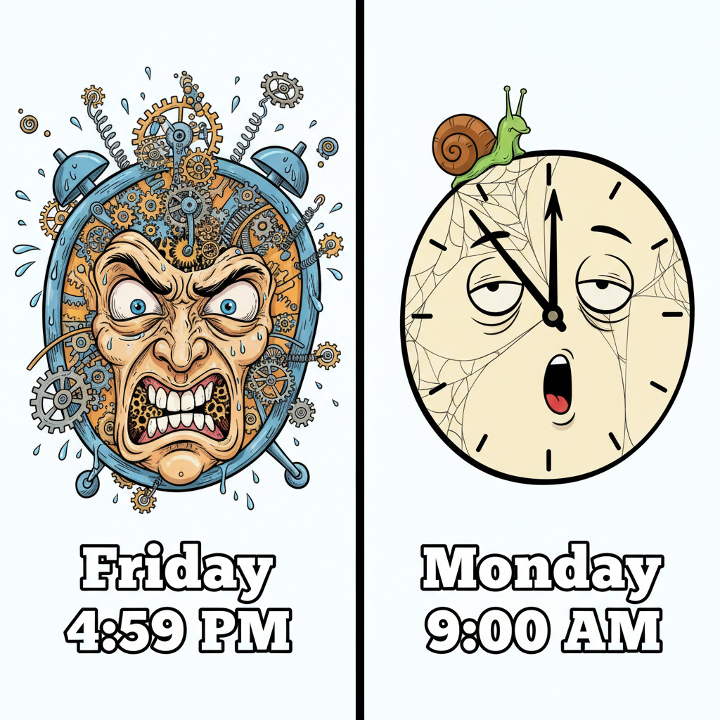 My brain clock at 4:59 PM on a Friday vs. 9 AM on a Monday