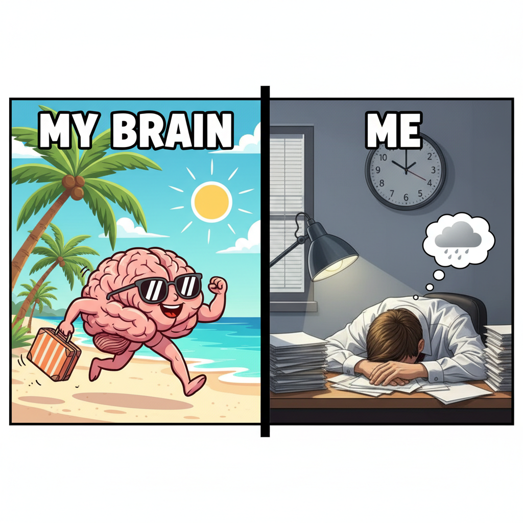 My brain clocking out at 3 PM on Friday vs. my body still stuck in the office