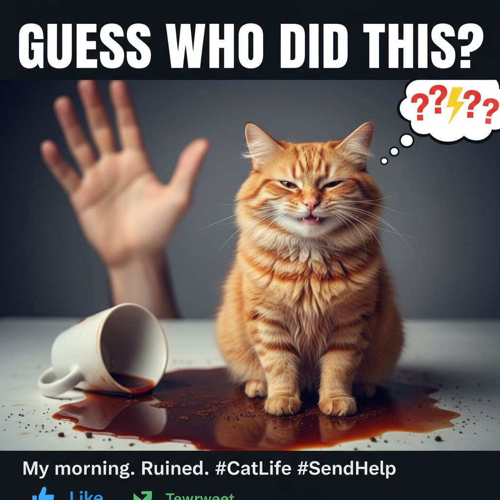 My cat just knocked my coffee over, then looked at me like *I* was the problem. The AUDACITY.