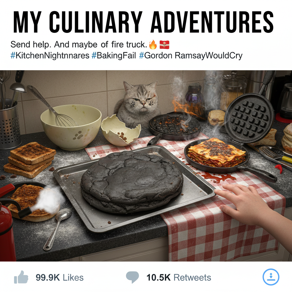 Tried to make a soufflé. Now my kitchen looks like a crime scene. Send help. And pizza.