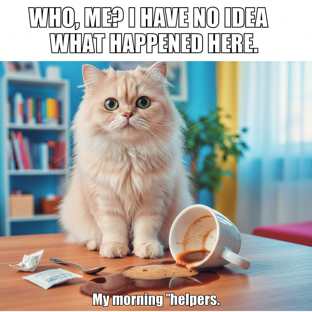 My cat just knocked over my coffee for attention. I'm mad, but look at that face.