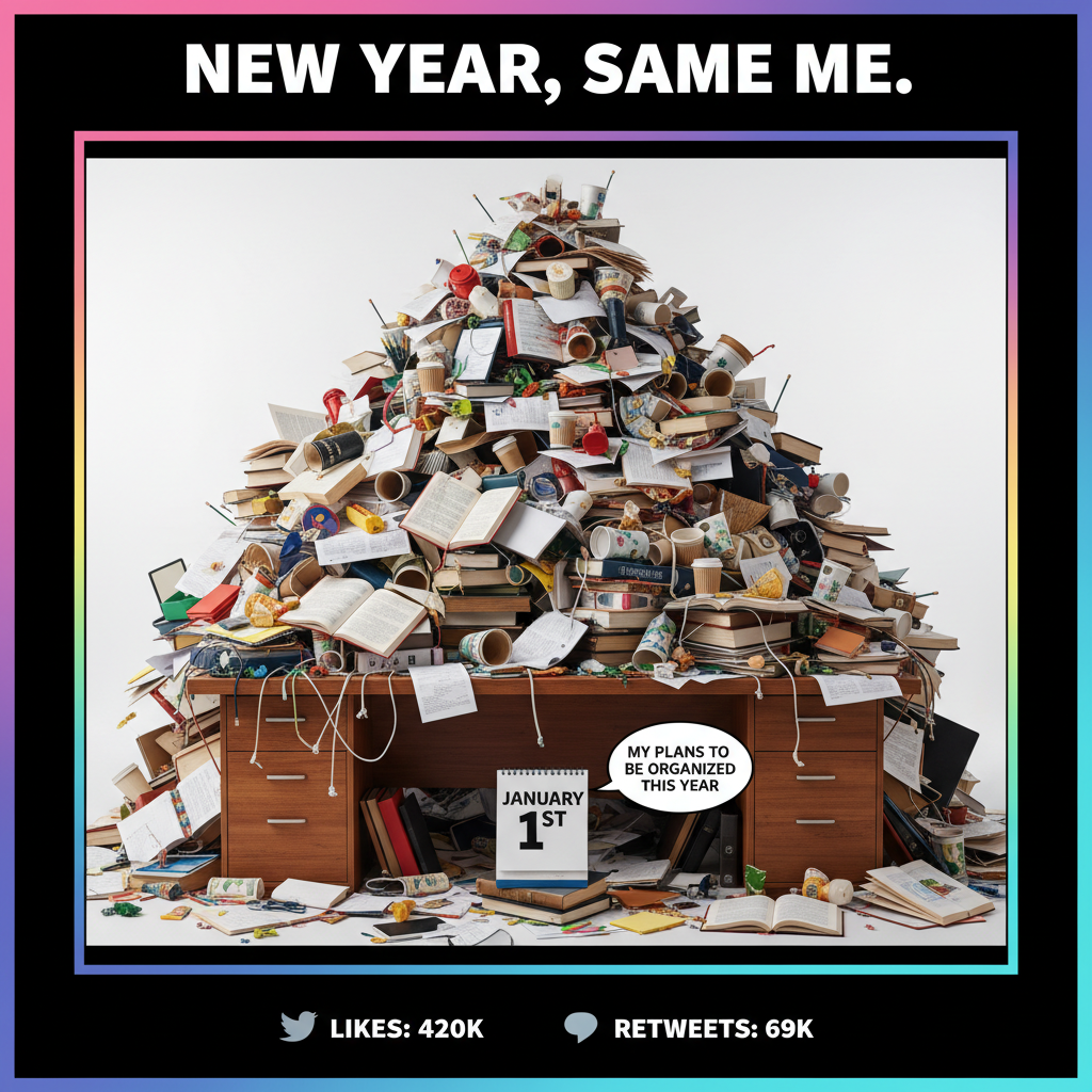 My New Year's resolution was to be more organized. My desk currently looks like a tornado hit a paper factory.