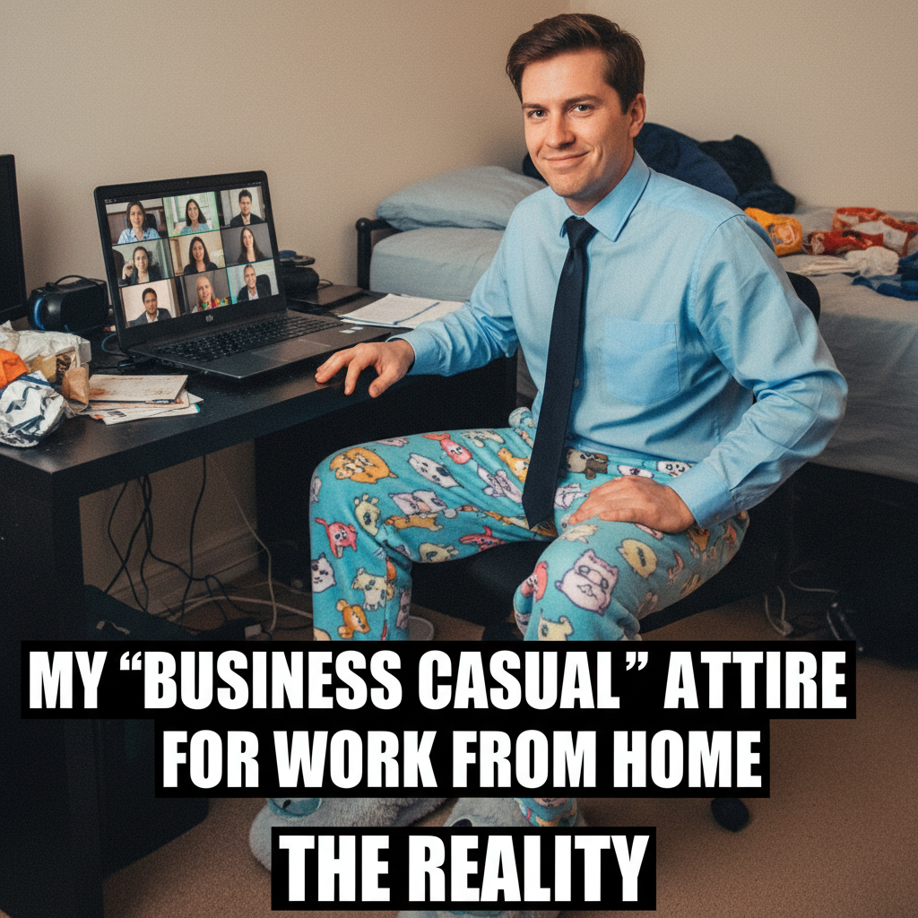 My 'work from home' outfit is 50% professional, 50% pajamas. The camera only sees the top half.