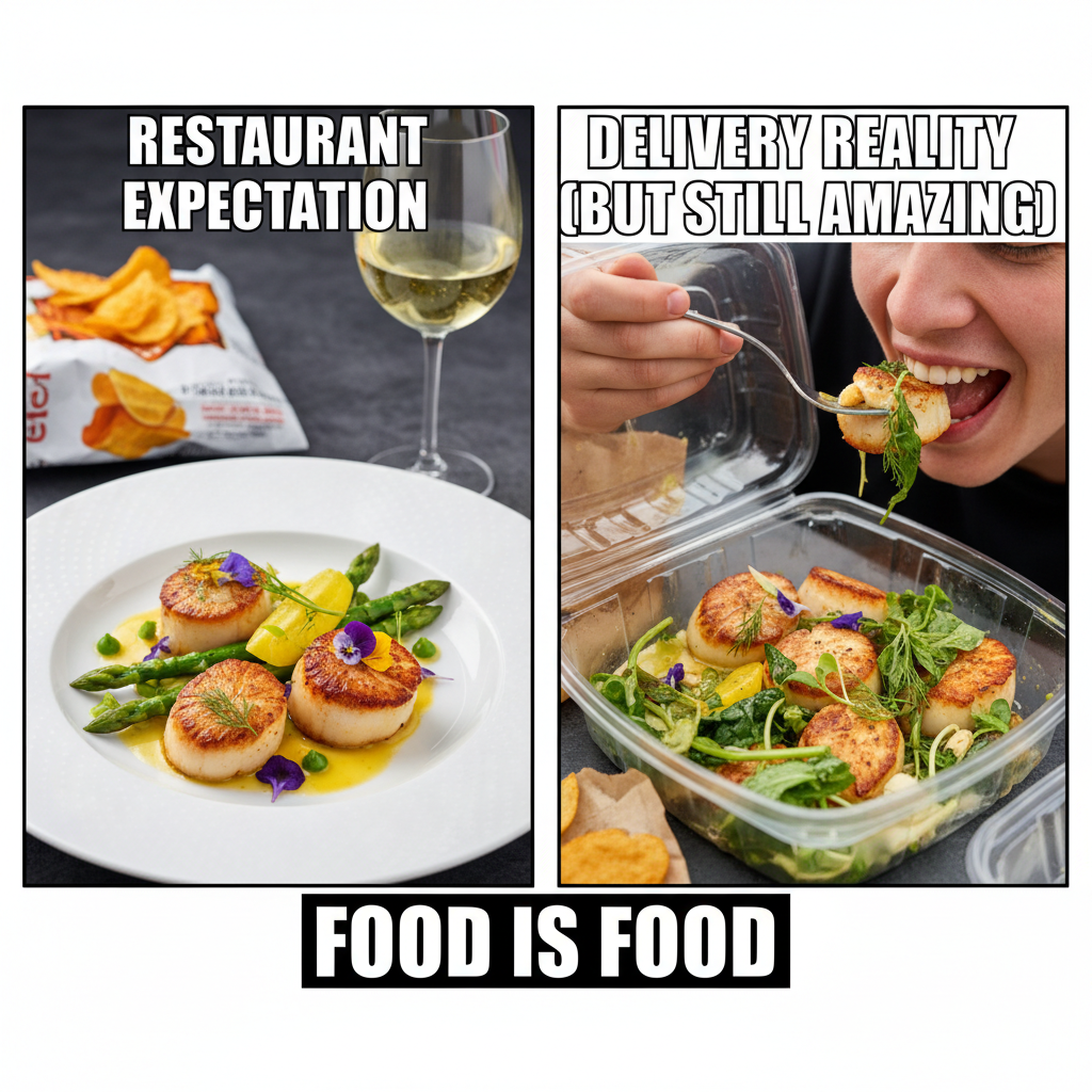 Food delivery expectation: Gourmet feast. Reality: Slightly squashed, still delicious.