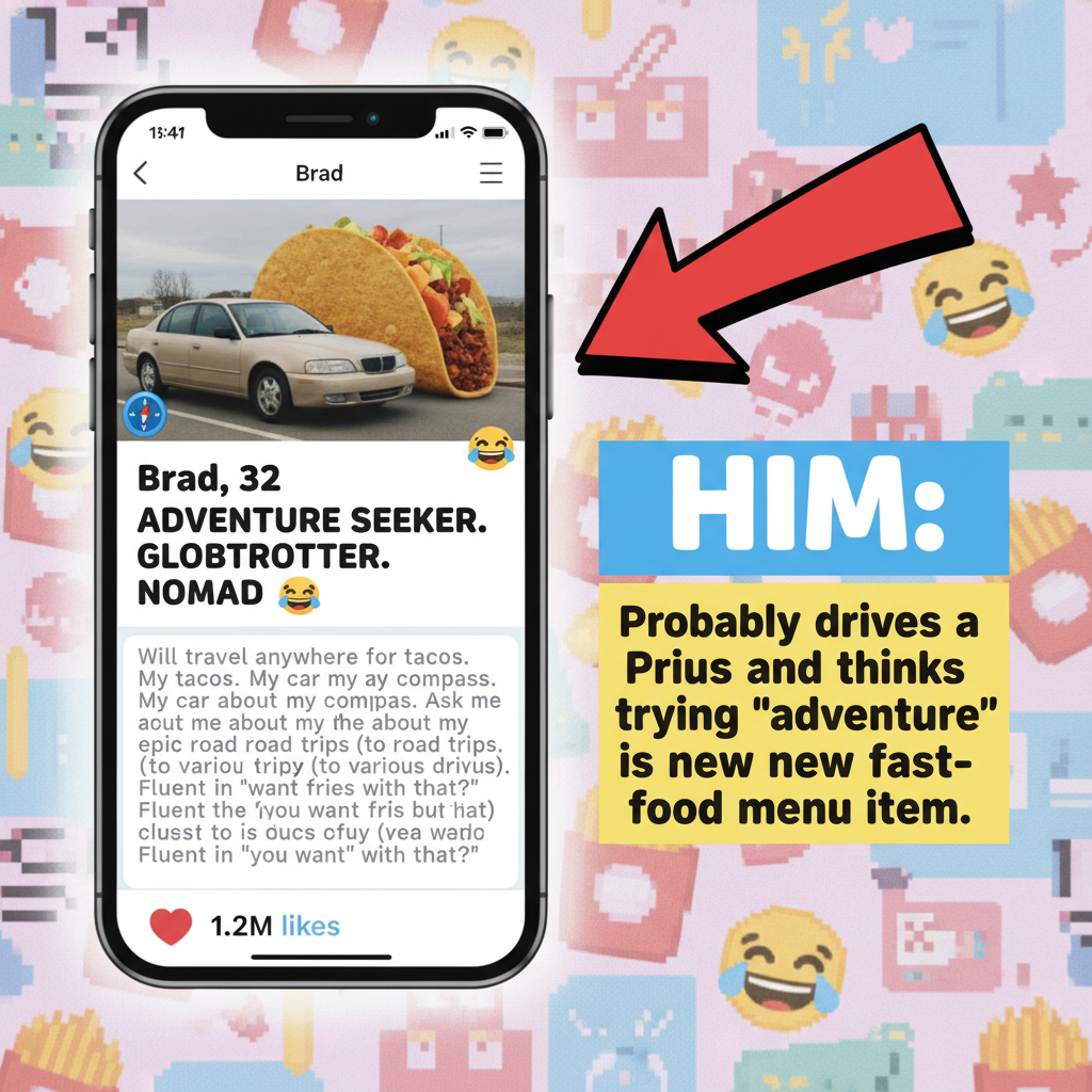 Dating apps: Where 'adventure seeker' means 'has a car and likes tacos'.