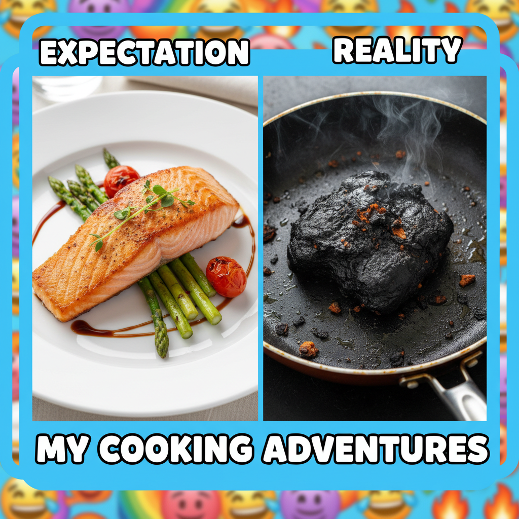 My 'gourmet meal' vs. what I actually made. Send help (and a fire extinguisher).
