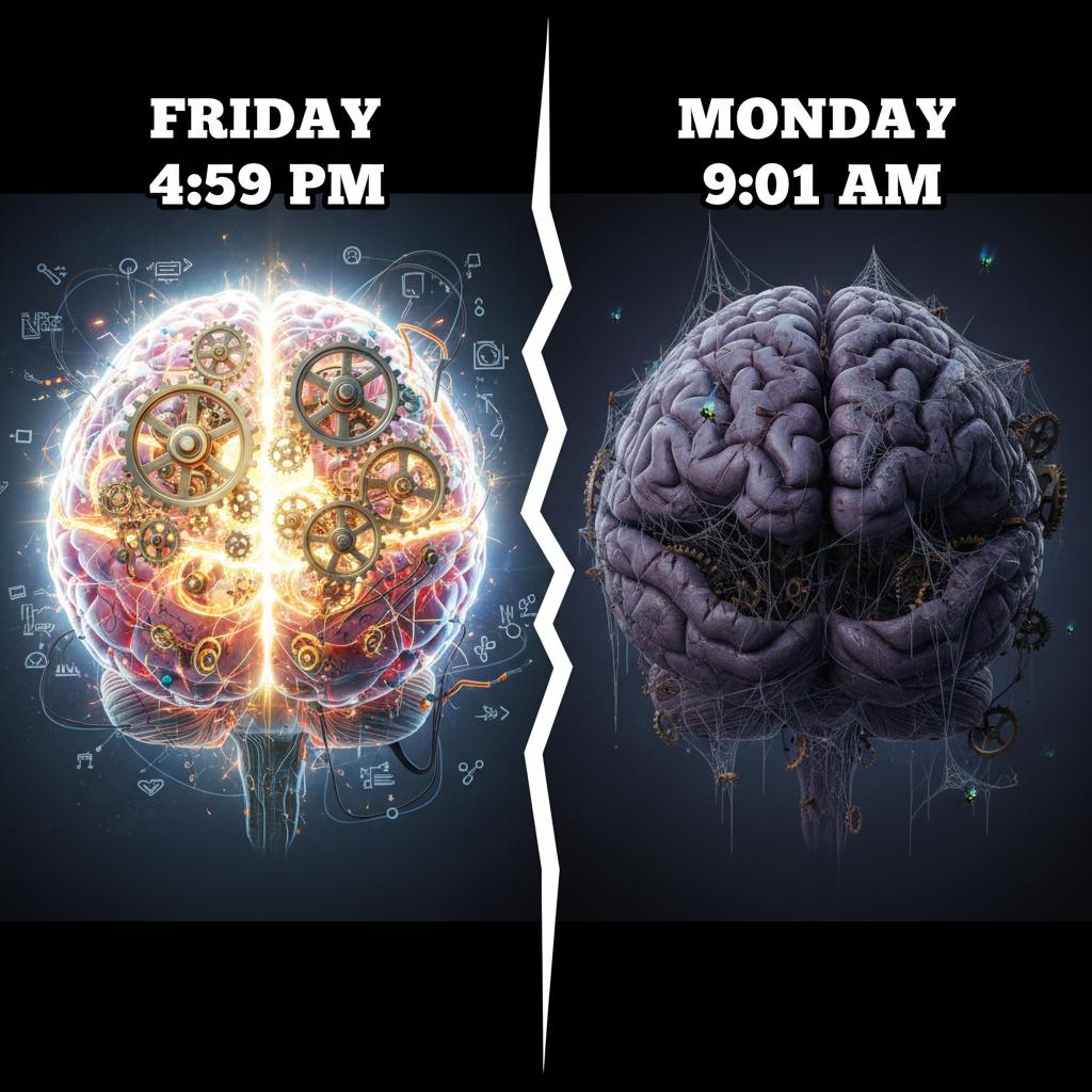 My brain cells clocking out at 4:59 PM on Friday vs. 9:01 AM on Monday
