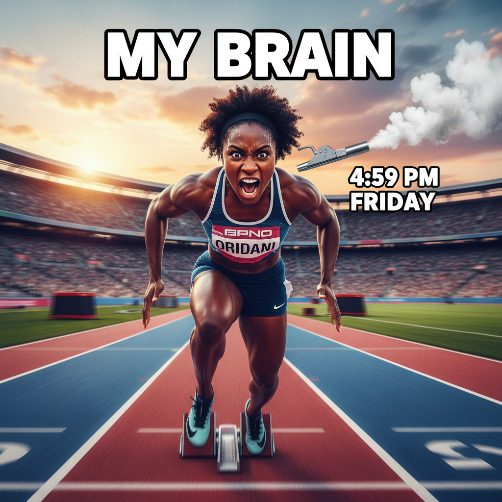 My brain clocking out at 4:59 PM on a Friday like a sprinter at the gun