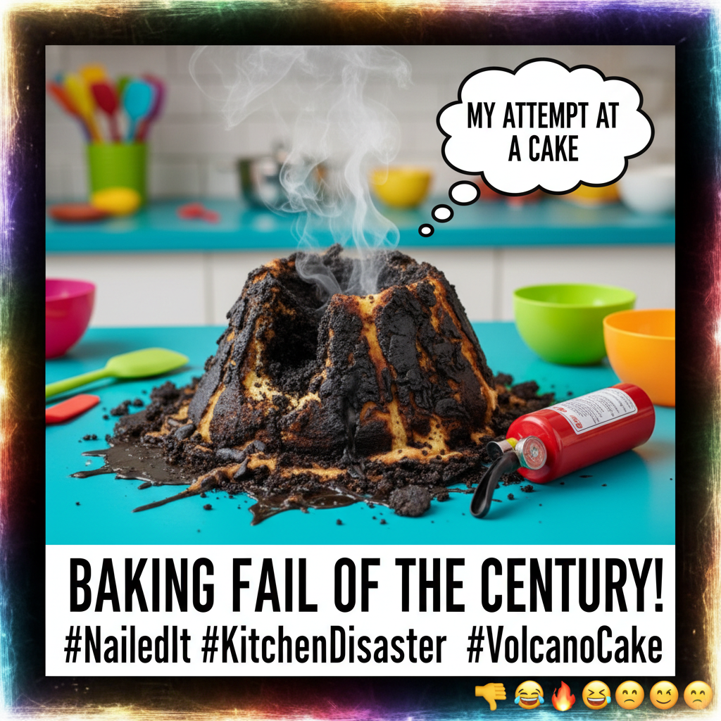 Tried to bake a cake. It now resembles a volcanic eruption. Send fire extinguisher.