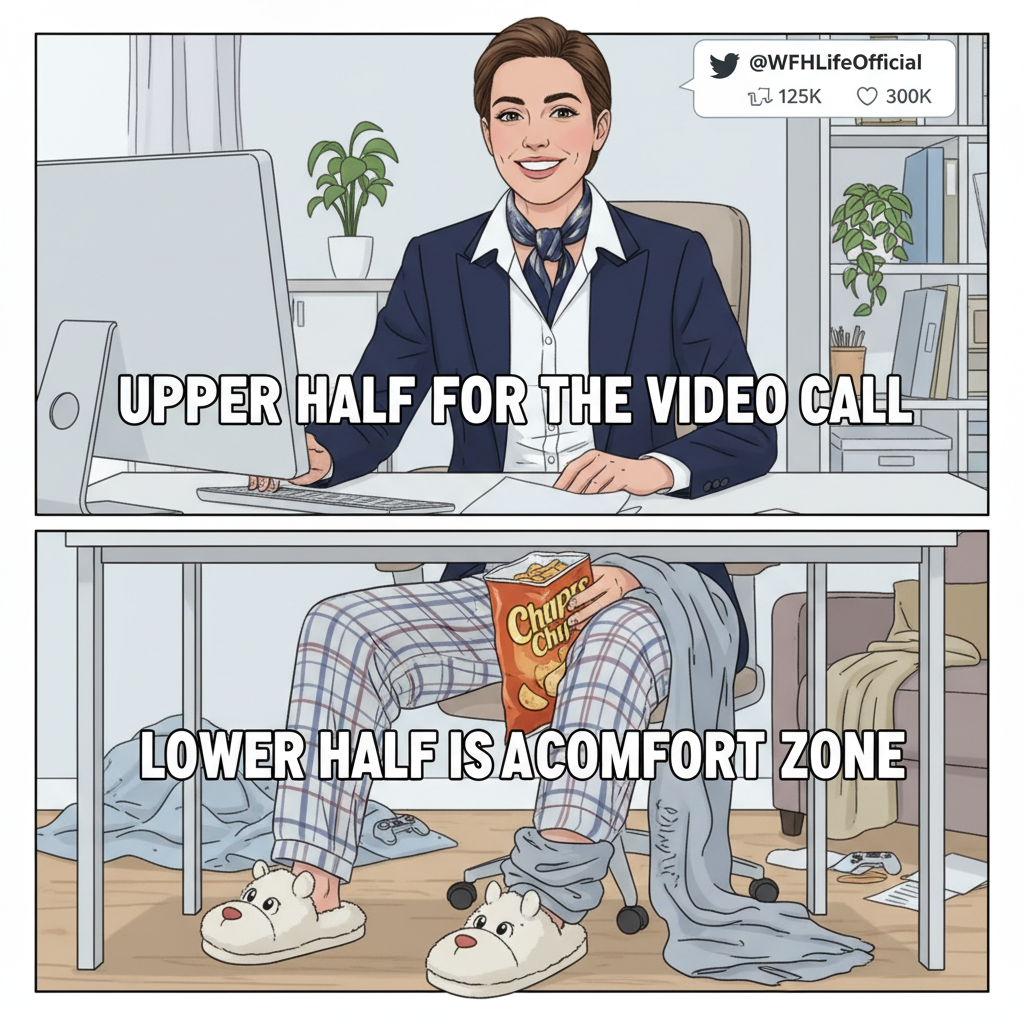 My WFH uniform: PJs on bottom, professional shirt on top. The duality of man.