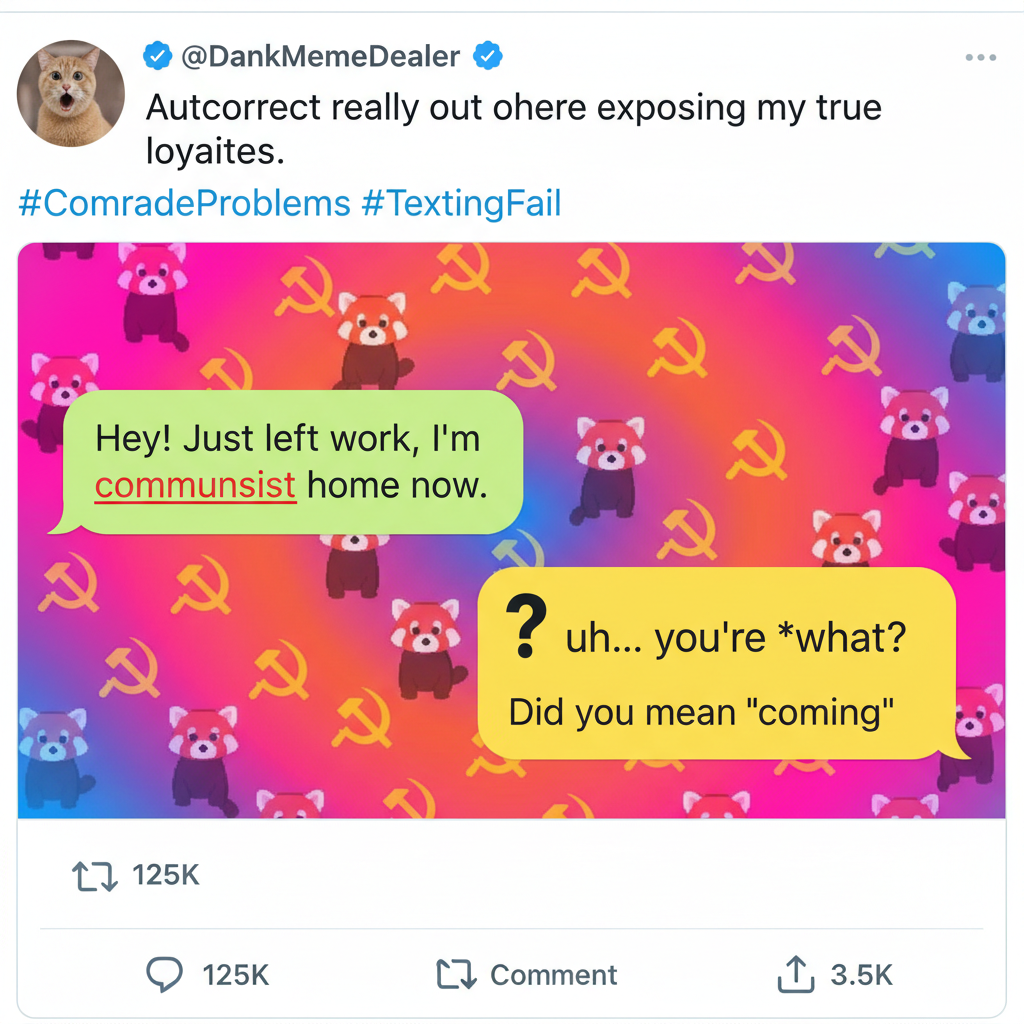 Autocorrect changed 'I'm coming' to 'I'm communist.' My boss is going to have questions. 🤦‍♀️