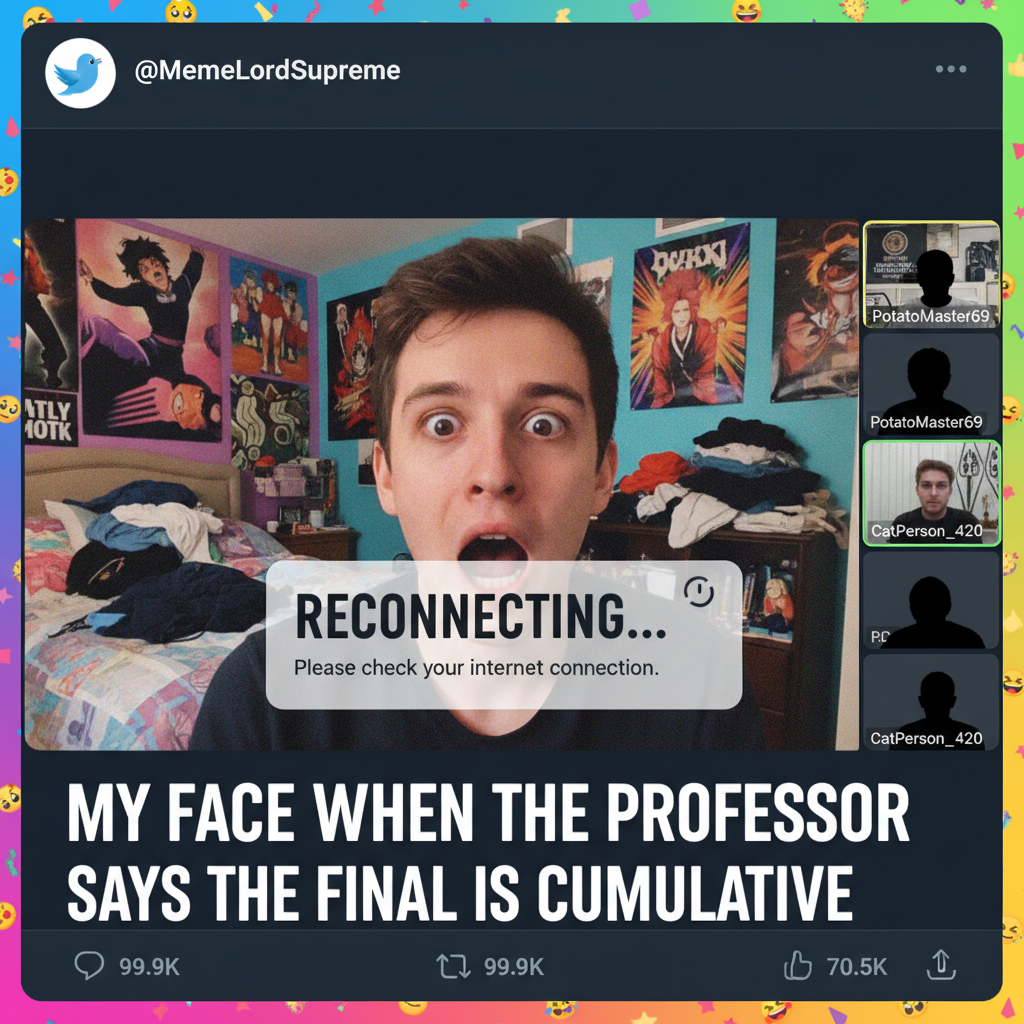 My internet died mid-Zoom presentation. Pretty sure I peaked at 'frozen confused face.'