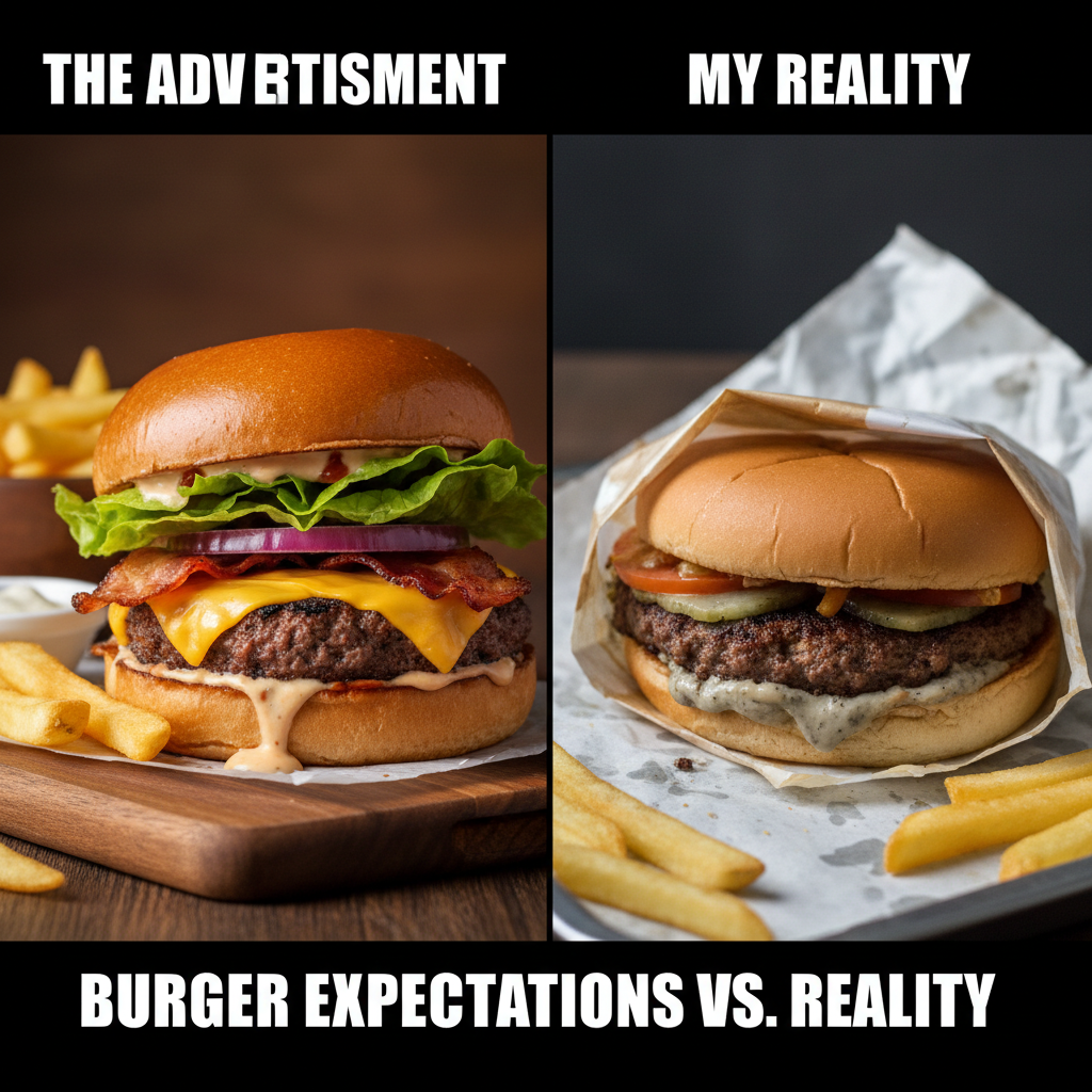 Ordered a gourmet burger, got a sad patty on a soggy bun. My disappointment is immeasurable.