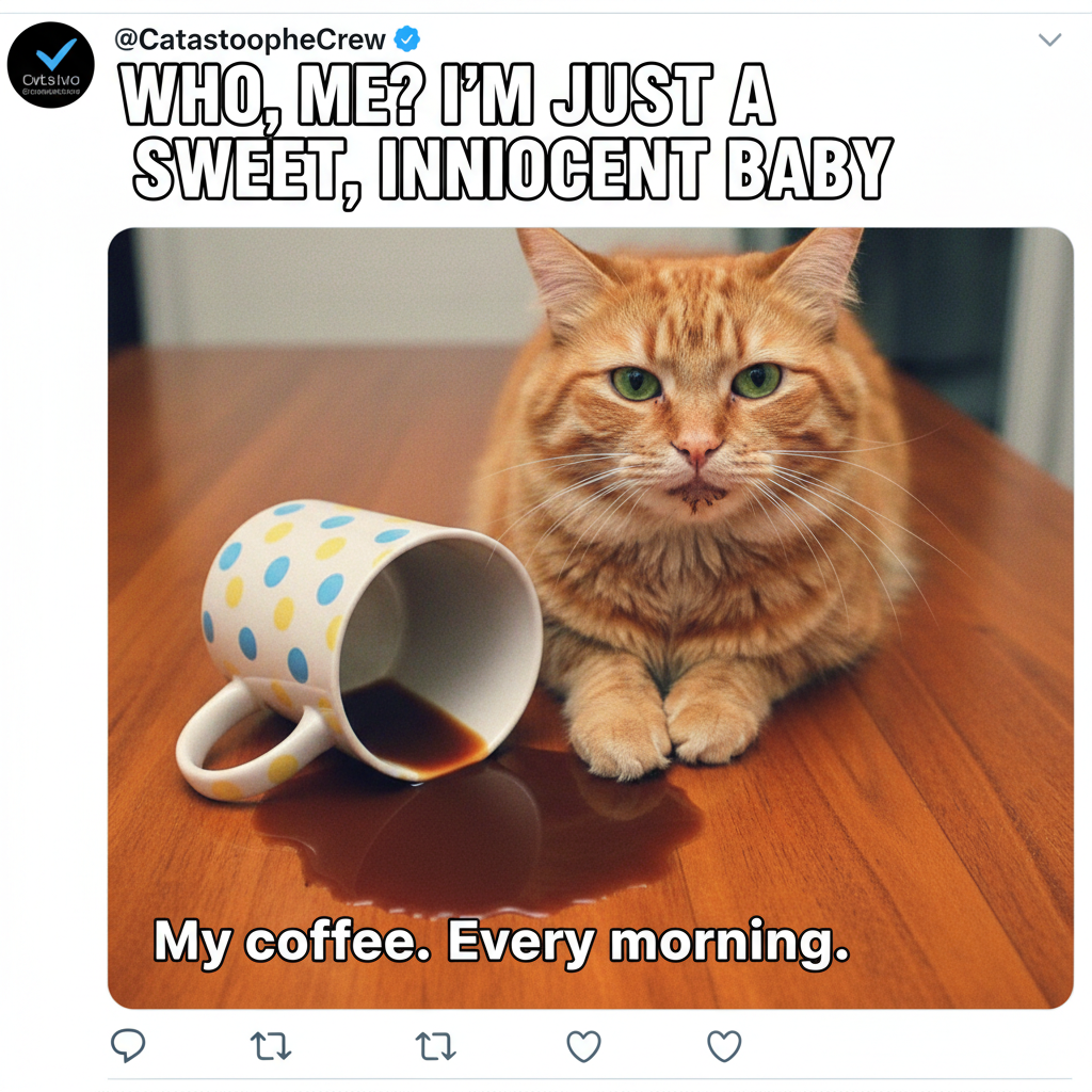 My cat just knocked my coffee over, then stared at me like *I* was the problem. #PetLife