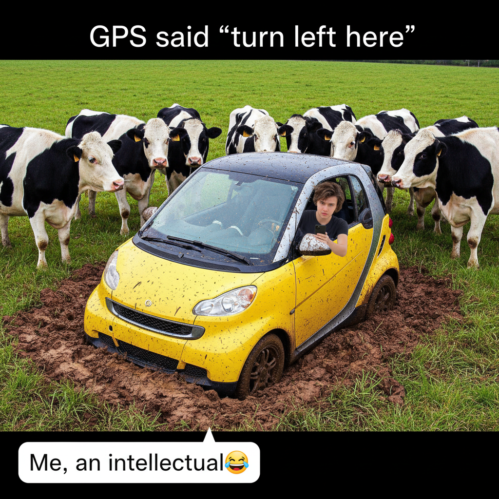 GPS said 'turn left.' I turned left. Now I'm in a cow pasture. Send snacks.