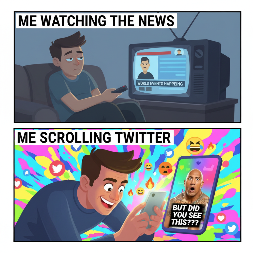 Me watching the news vs. Me watching my favorite celebrity's reaction to the news.