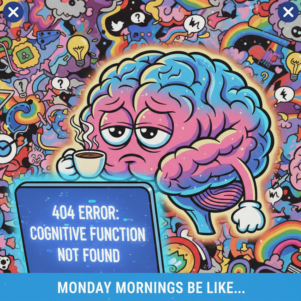 My brain on Monday mornings: 'Error 404: Motivation Not Found.'