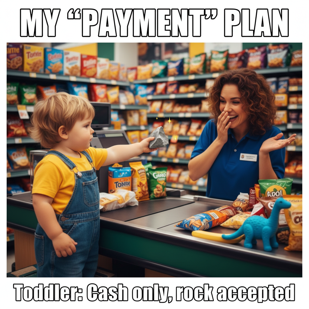 My toddler just tried to pay for groceries with a rock. I'm not even mad, that's genius.