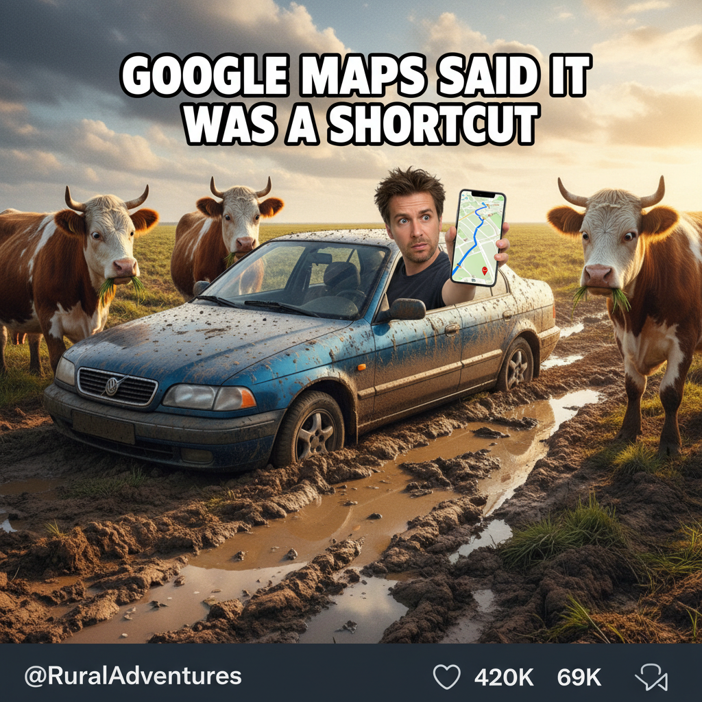 Road trip day 2: GPS sent us into a cow pasture. Send snacks and bail money.