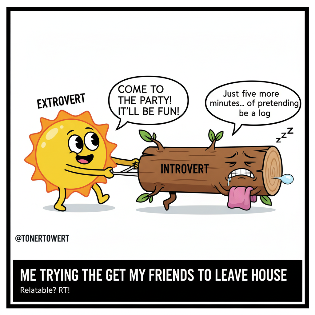 Extrovert: 'Let's go out!' Introvert: *pretends to be asleep*