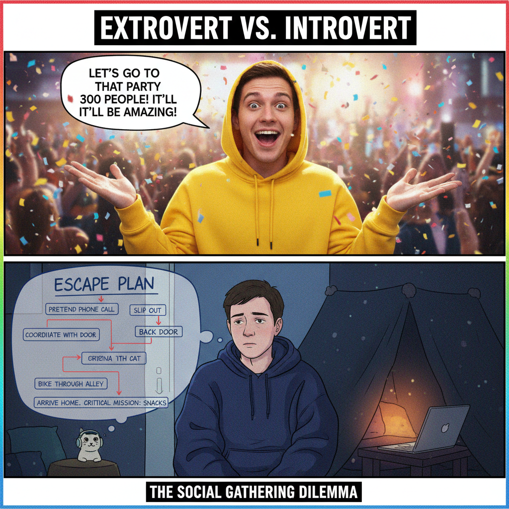 Extrovert: 'Let's go out!' Introvert: *already planning my escape route*