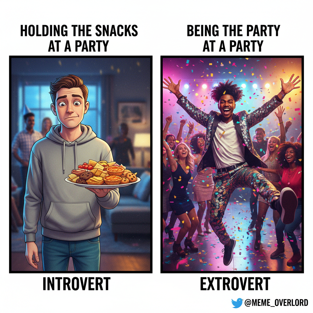 Introvert at a party: 'I'm just here for the snacks.' Extrovert: 'LET'S DANCE!'