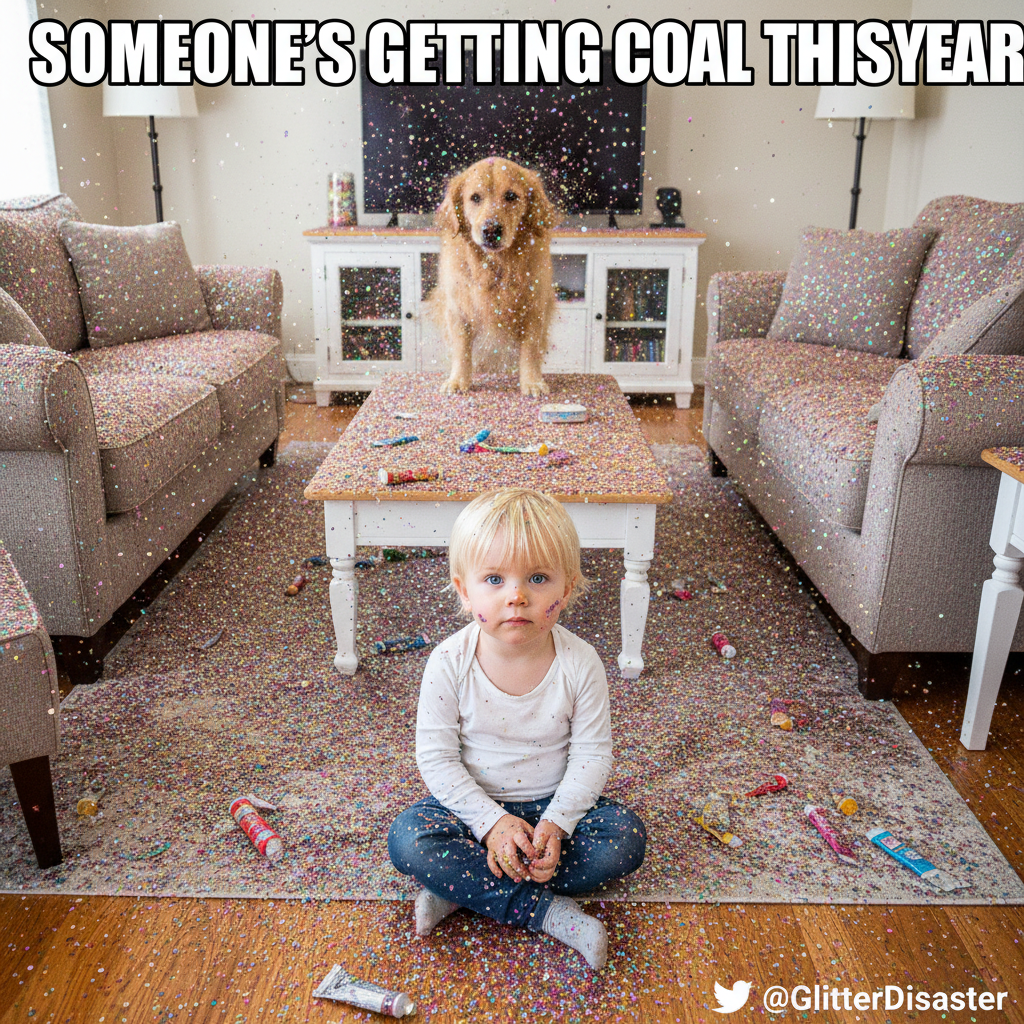 Just found my kid 'decorating' the entire living room with glitter. Send wine. #ParentLife