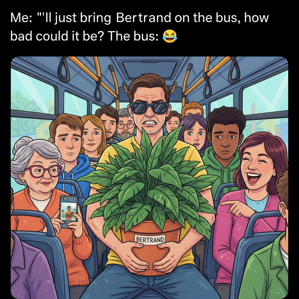 Someone just brought a full-sized plant on the bus. Public transport is an adventure.