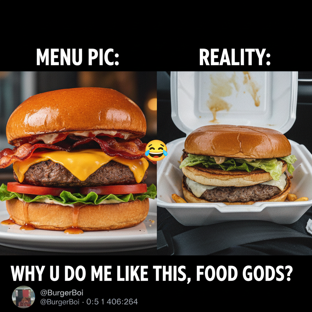 Ordered a gourmet burger. Got something that looks like it lost a fight with a truck. Expectations vs. Reality.