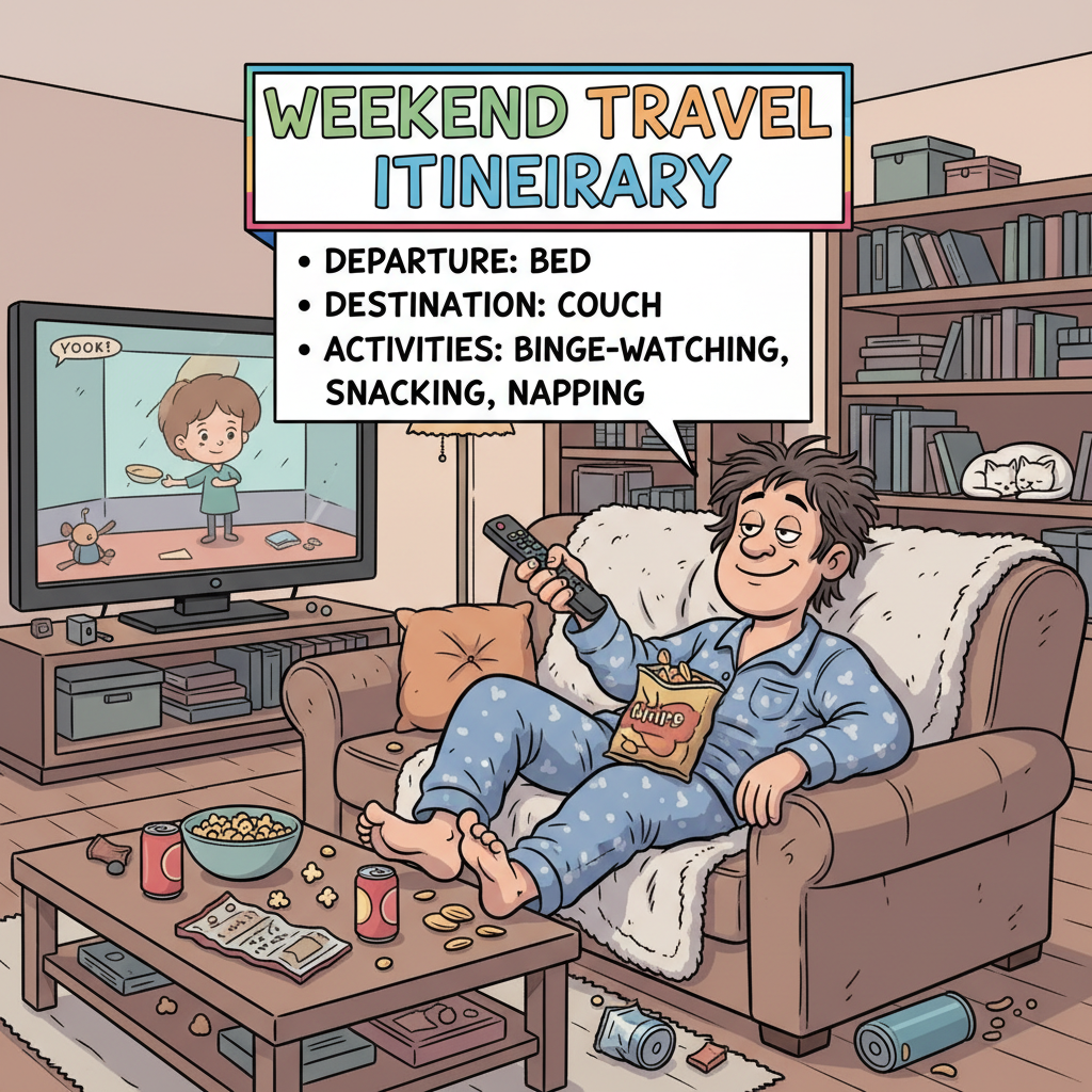 My 'weekend getaway' usually involves traveling from the bed to the couch