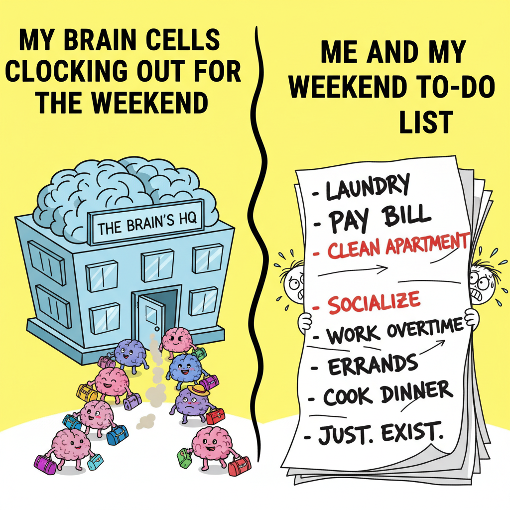 My brain cells logging off for the weekend vs. my to-do list screaming for attention