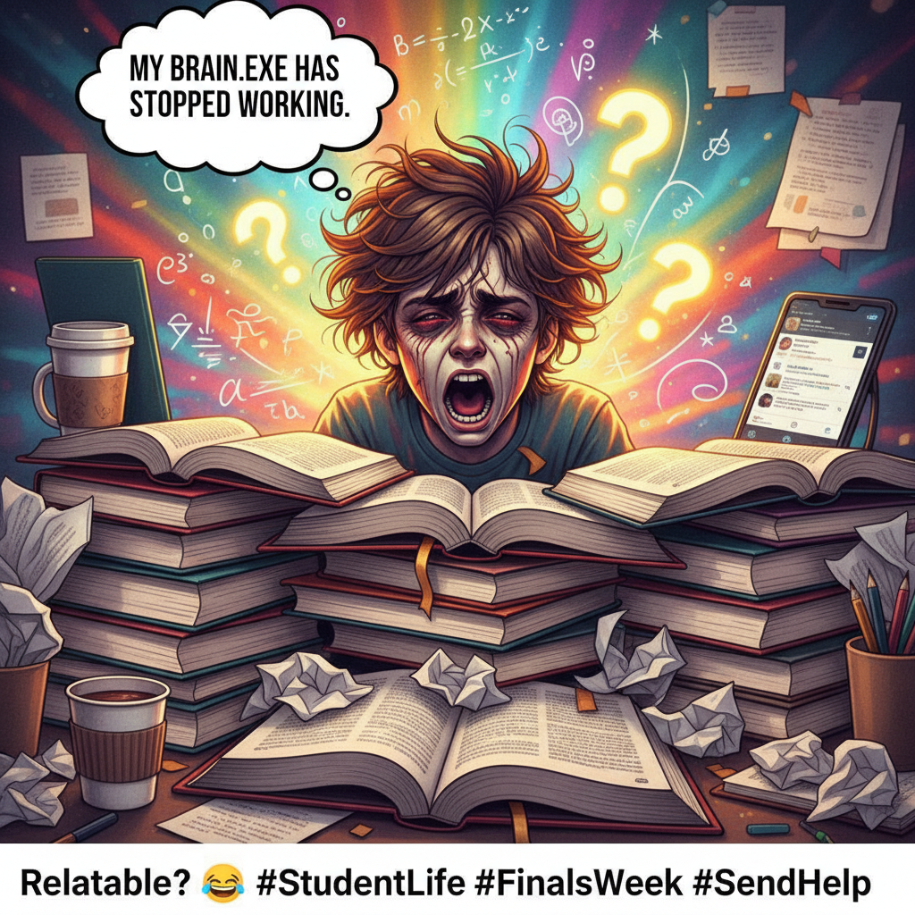 My brain during exams: 'You know this! Wait, no you don't. Is sleep a myth?'