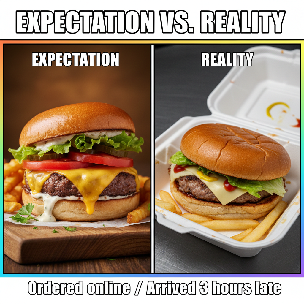 Ordered a gourmet burger. Got a sad patty on a soggy bun. My disappointment is immeasurable.