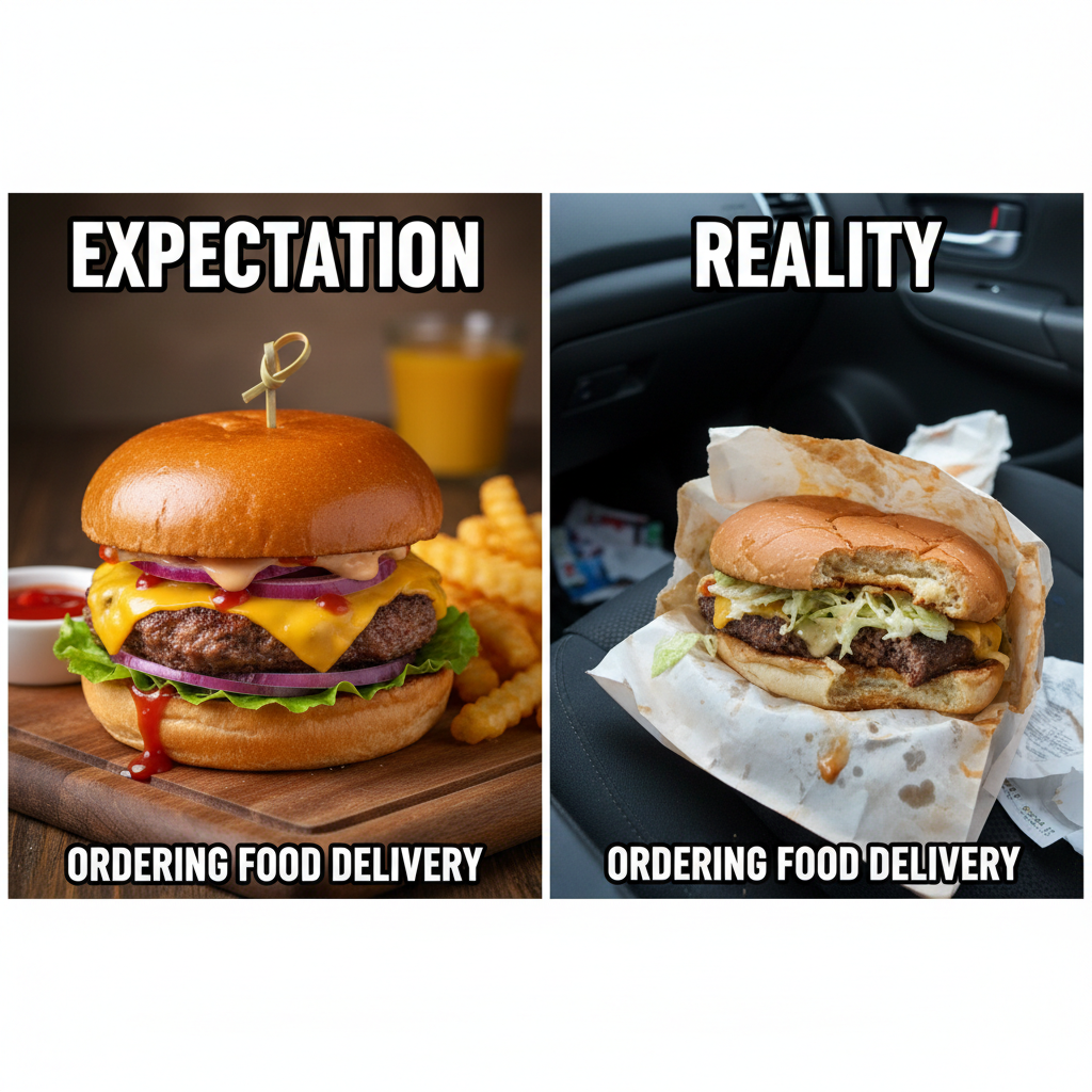 Ordered a gourmet burger, got a sad patty on a napkin. Food delivery expectations vs. reality.