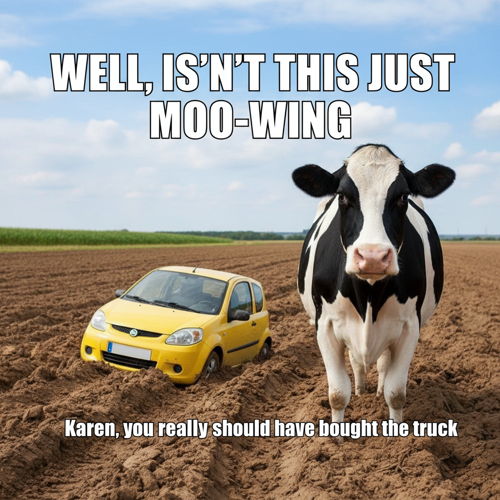 GPS said 'turn left in 500ft.' I'm now in a field with a cow judging my life choices.