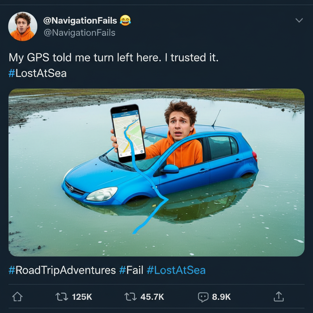 GPS told us to turn 'slightly right' into a lake. 10/10 would not recommend.