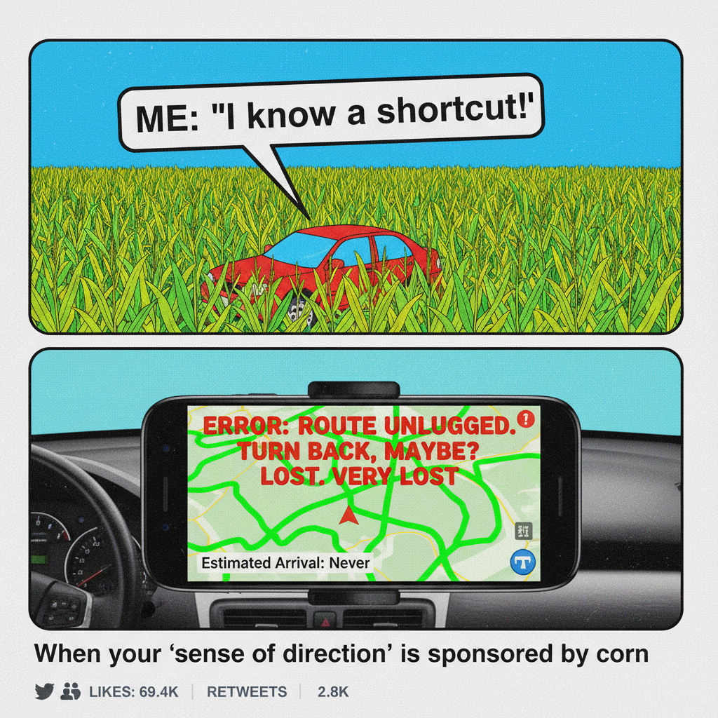 GPS said 'turn left in 500 feet.' I'm now in a cornfield. Send snacks.