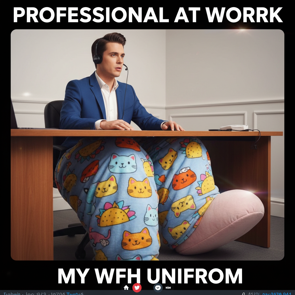 My 'work from home' outfit is 50% professional top, 50% pajama bottoms. It's the law.