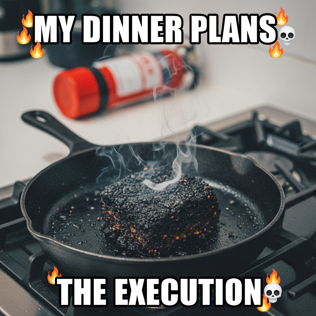 My 'gourmet meal' turned into a charcoal briquette. Send help (and a fire extinguisher).