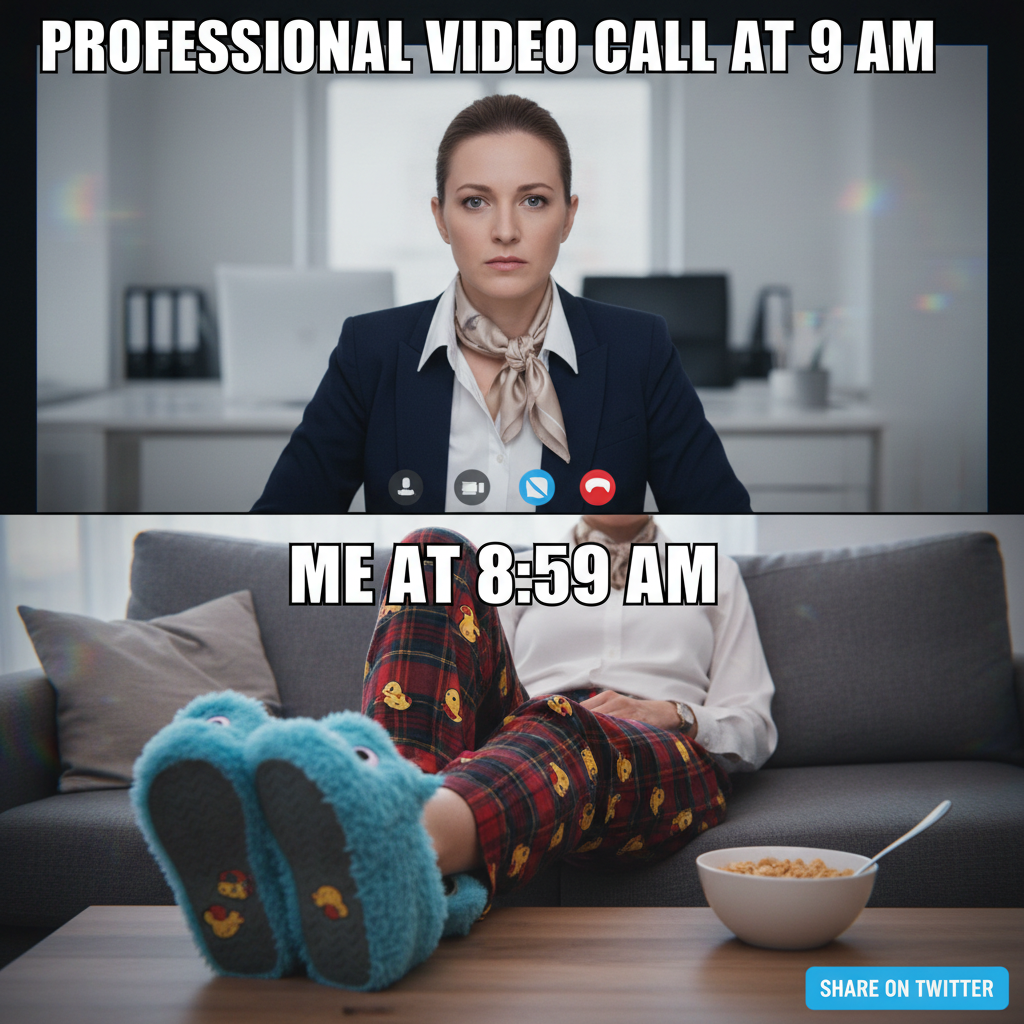 WFH dress code: Business on top, pajama pants on the bottom. The ultimate power move.