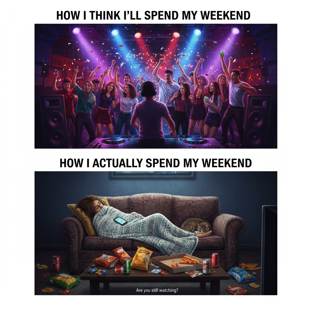 Friday night plans: Clubbing. Friday night reality: Debating if I should get up for more snacks.