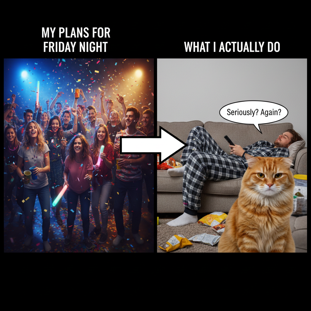 Friday night plans: wild party. Friday night reality: PJs, takeout, and a cat judging me.